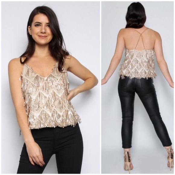 ❌SOLD OUT❌Sequin Tassel Top With Gold Chain Straps - Picture 2 of 5
